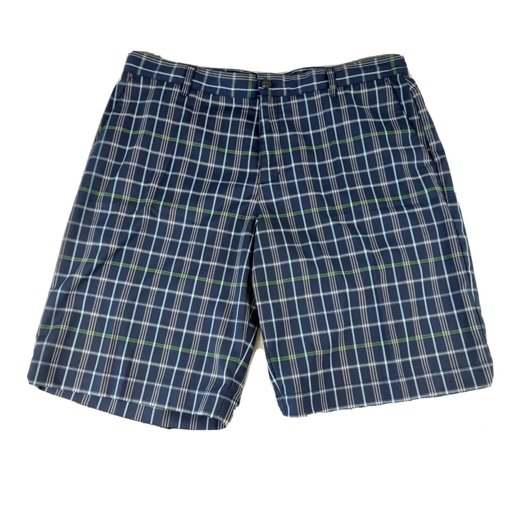 Adidas Golf Shorts Mens 38 Navy Blue Plaid Performance Stretch Flat Front 11in